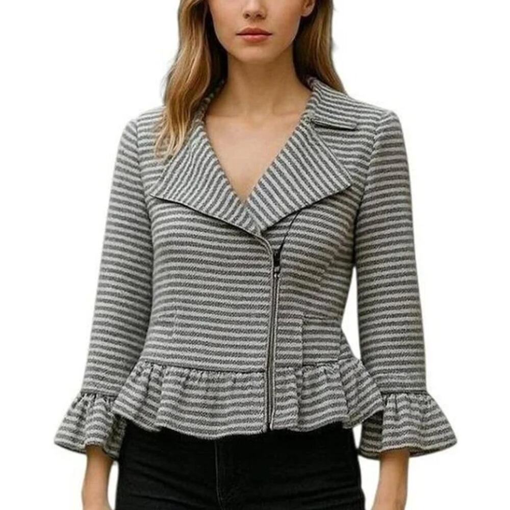 Banana Republic Full Asymmetrical Zip Blue Striped Tweed Ruffle Peplum Jacket 4